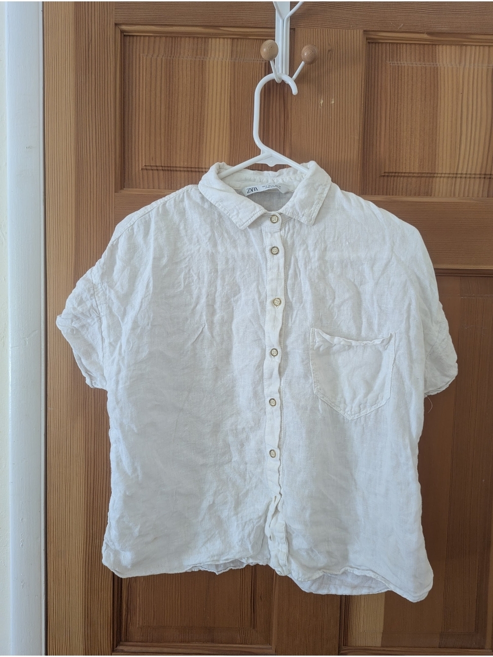 Zara White 100 Percent Linen Short Sleeve Button-Down Linen Shirt medium